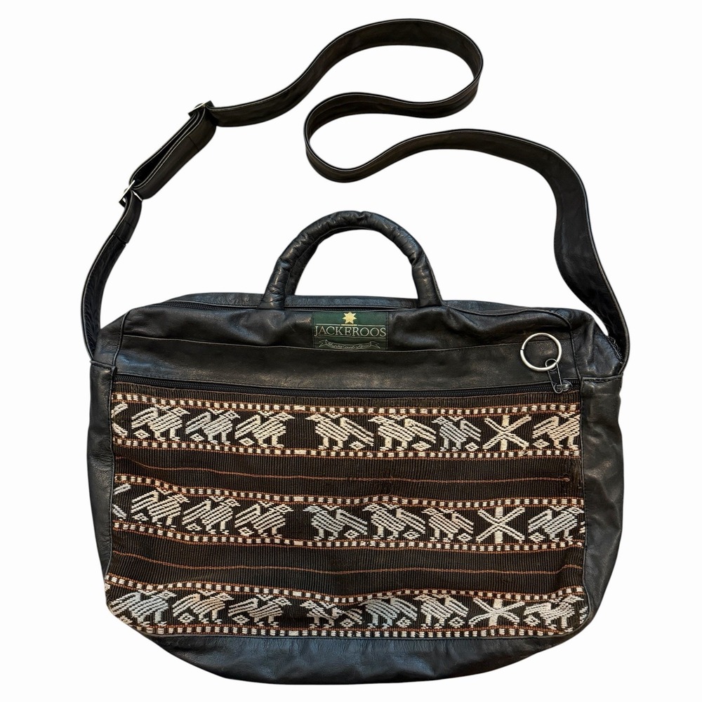 Vintage Leather Weekender Duffle Bag Black Woven Southwestern Boho Travel Bag